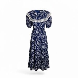 VTG Scott McClintock Prairie Gunne Sax Inspired Floral Navy Blue Dress Size 10